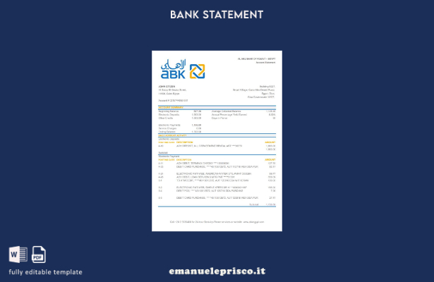 Modello Excel di estratto conto bancario della Banca del Kuwait dell'Egitto Al A